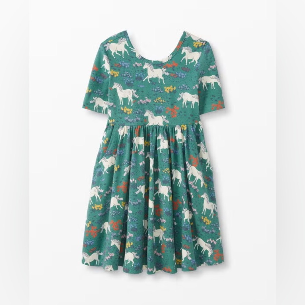 Hanna Andersson Teal Unicorn Print Skater Dress‎ Comfy Size 6-7